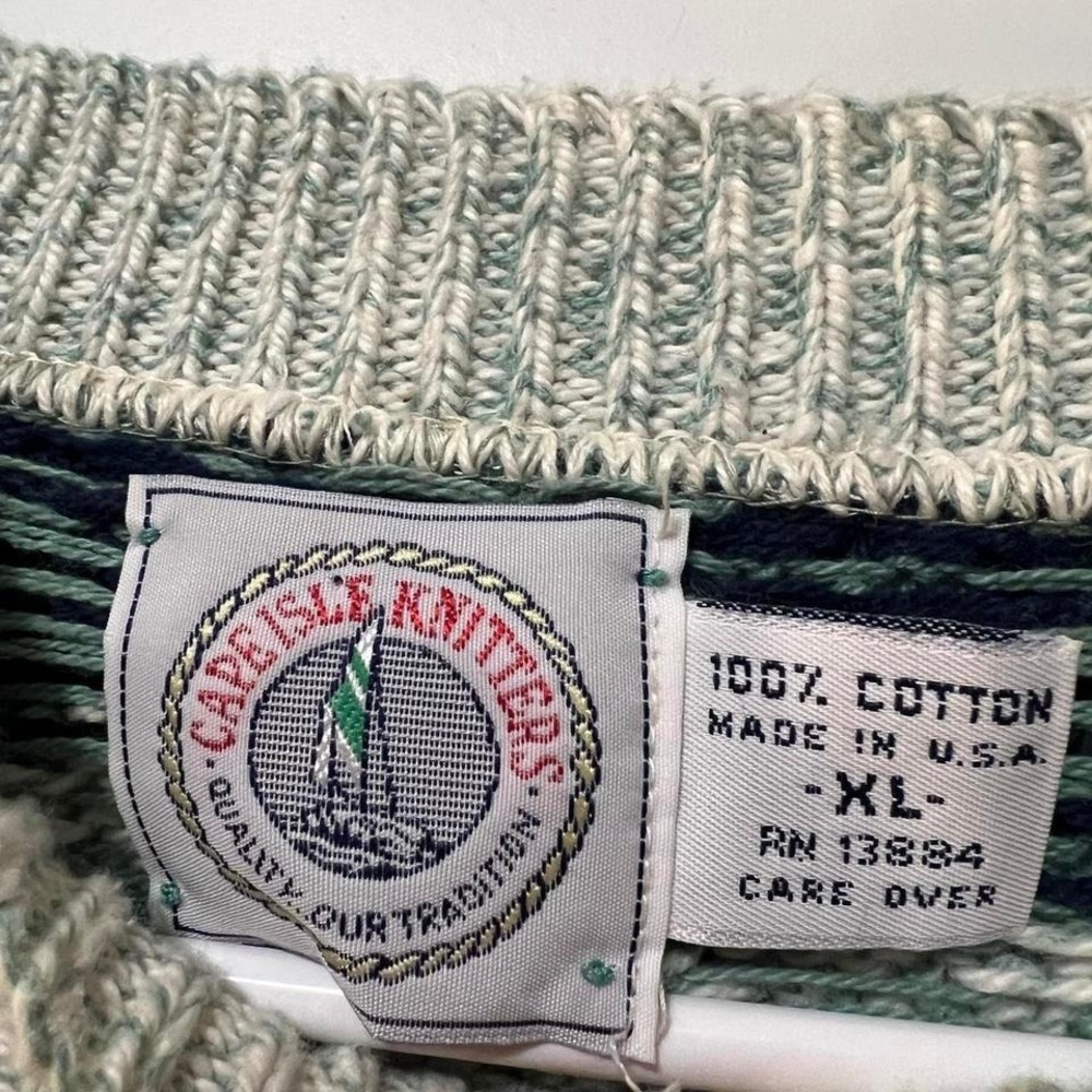 Green and white 100% wool vintage 90s knit crewneck sweater - Picture 3 of 4